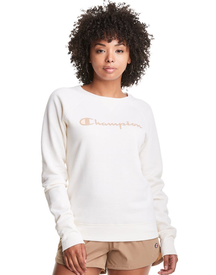 Champion Powerblend Fleece Classic Crew Script Logo - Naisten Valkoinen Collegepaita - Suomi 1470932